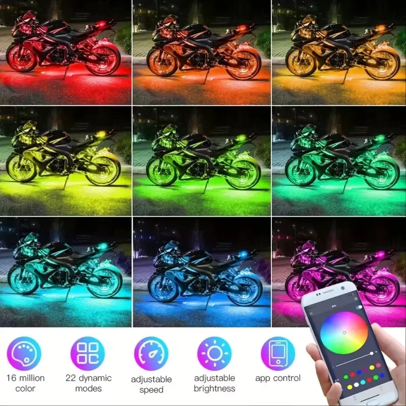 RGB Motorcycle LED Light Kits App Control Waterproof Lights for Motorcycles Music Scene Modes Motorcycle Underglow Lights Tools